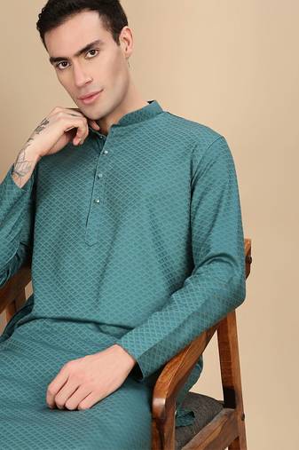 Green cotton textured kurta pajama for mens