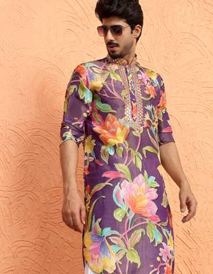 Silk yoke design floral mirror work purple kurta 1