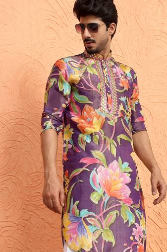 Silk yoke design floral mirror work purple kurta
