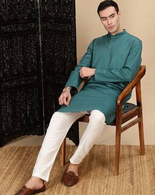 Green cotton textured kurta pajama for mens 2