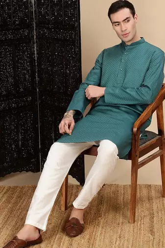 Green cotton textured kurta pajama for mens