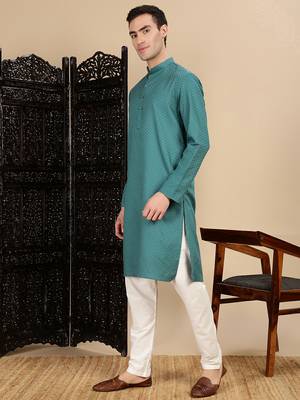 Green cotton textured kurta pajama for mens 3