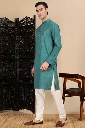 Green cotton textured kurta pajama for mens