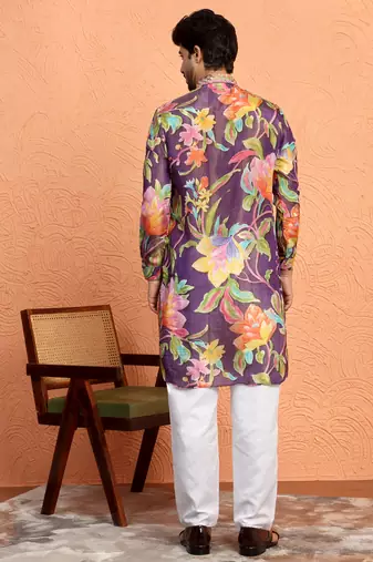 Silk yoke design floral mirror work purple kurta