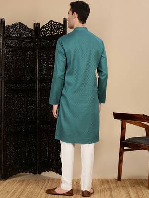 Green cotton textured kurta pajama for mens 4