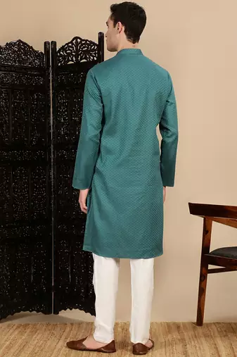 Green cotton textured kurta pajama for mens