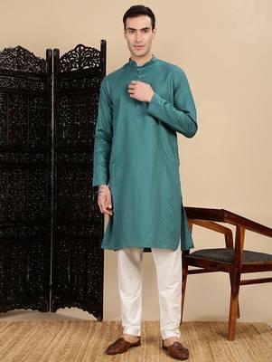 Green cotton textured kurta pajama for mens 5