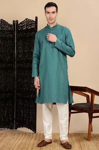 Green cotton textured kurta pajama for mens