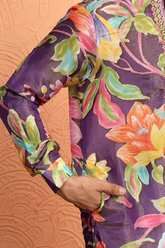 Silk yoke design floral mirror work purple kurta