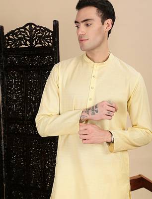 Beige cotton textured kurta pajama for mens 1