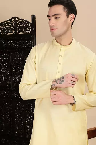 Beige cotton textured kurta pajama for mens