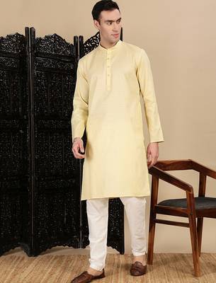 Beige cotton textured kurta pajama for mens 2