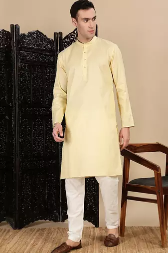 Beige cotton textured kurta pajama for mens