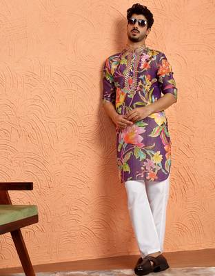 Silk yoke design floral mirror work purple kurta 5