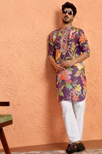 Silk yoke design floral mirror work purple kurta