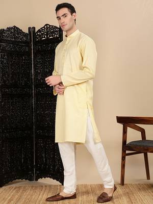 Beige cotton textured kurta pajama for mens 3