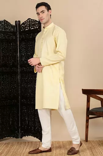 Beige cotton textured kurta pajama for mens
