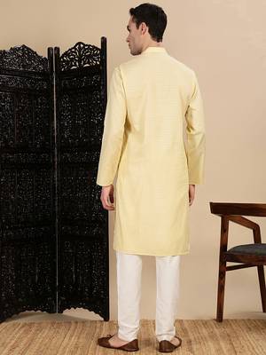 Beige cotton textured kurta pajama for mens 4