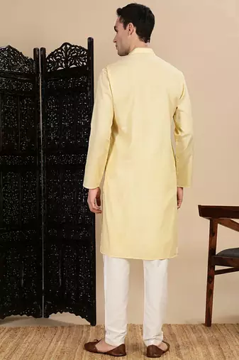 Beige cotton textured kurta pajama for mens