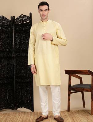 Beige cotton textured kurta pajama for mens 5