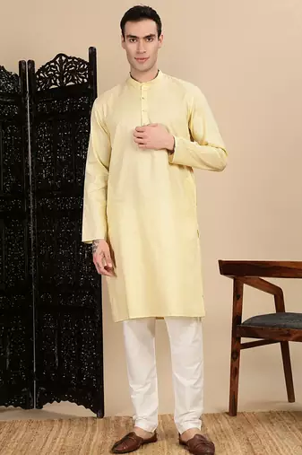 Beige cotton textured kurta pajama for mens
