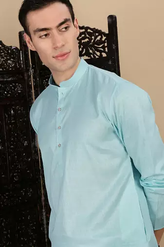 Blue cotton textured kurta pajama for mens