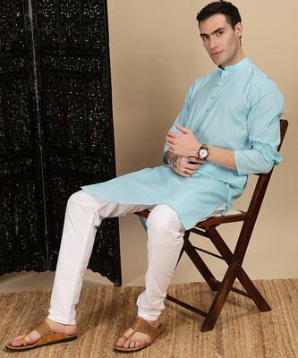 Blue cotton textured kurta pajama for mens 2