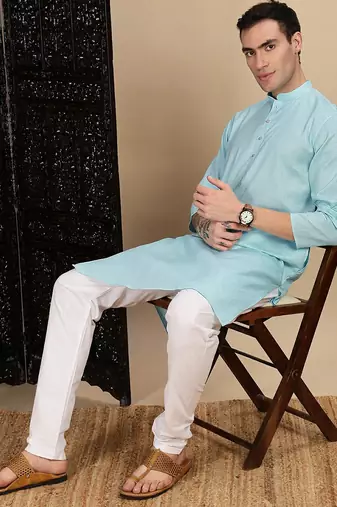 Blue cotton textured kurta pajama for mens