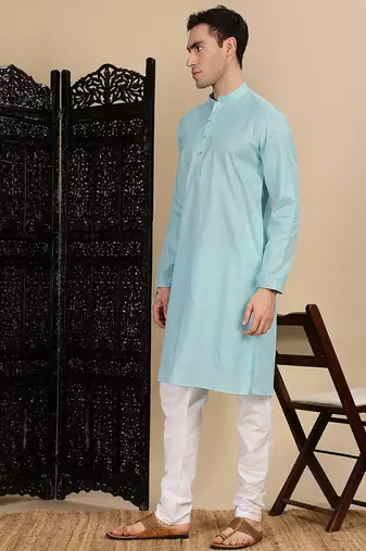 Blue cotton textured kurta pajama for mens