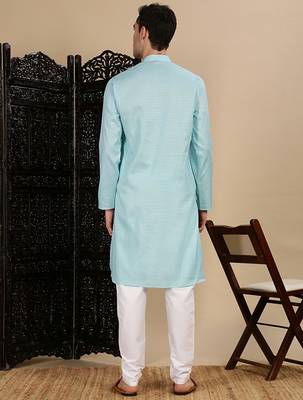 Blue cotton textured kurta pajama for mens 4
