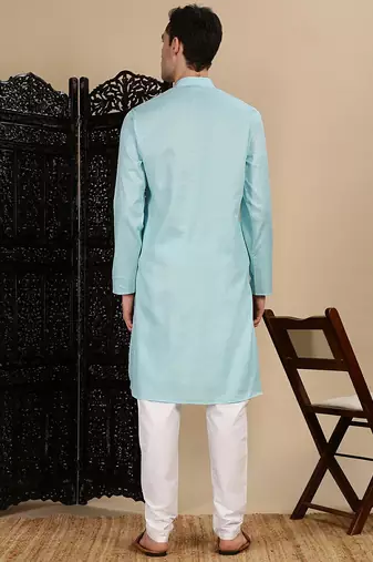 Blue cotton textured kurta pajama for mens