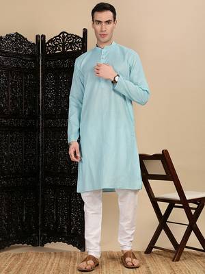 Blue cotton textured kurta pajama for mens 5