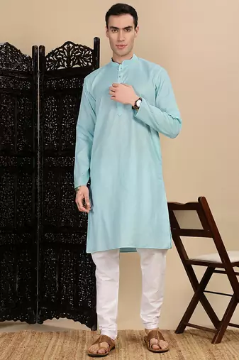 Blue cotton textured kurta pajama for mens