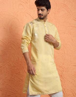 Mirror & thread embroidered cotton silk yellow kurta 1
