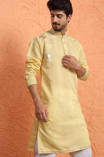 Mirror & thread embroidered cotton silk yellow kurta