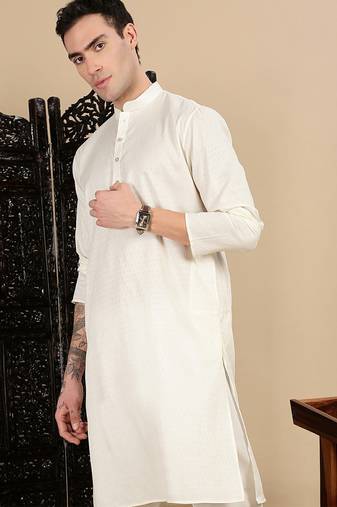 Cream cotton textured kurta pajama for mens