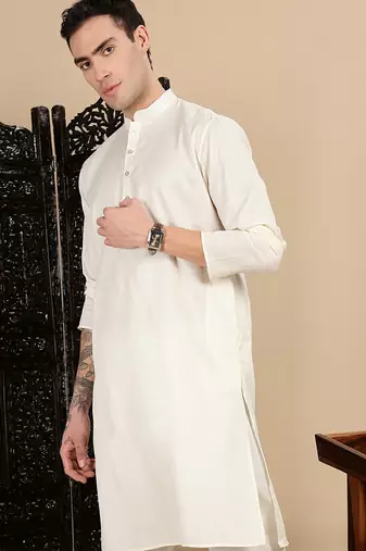 Cream cotton textured kurta pajama for mens