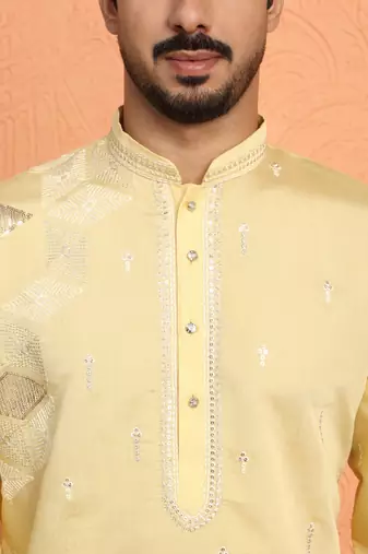 Mirror & thread embroidered cotton silk yellow kurta