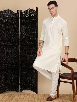 Cream cotton textured kurta pajama for mens 2