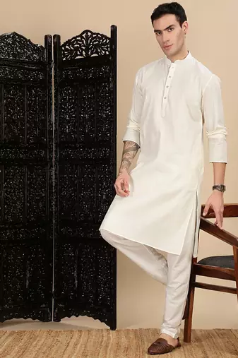 Cream cotton textured kurta pajama for mens
