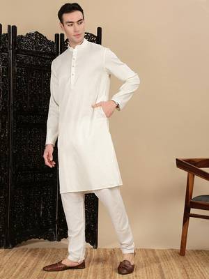 Cream cotton textured kurta pajama for mens 3