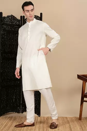 Cream cotton textured kurta pajama for mens