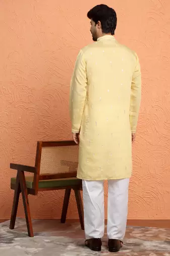 Mirror & thread embroidered cotton silk yellow kurta