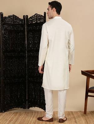 Cream cotton textured kurta pajama for mens 4