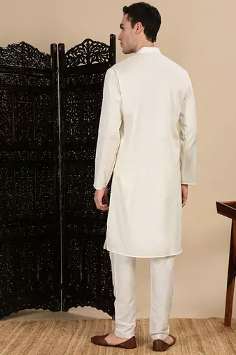 Cream cotton textured kurta pajama for mens