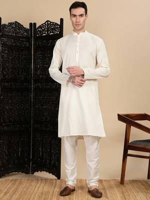 Cream cotton textured kurta pajama for mens 5