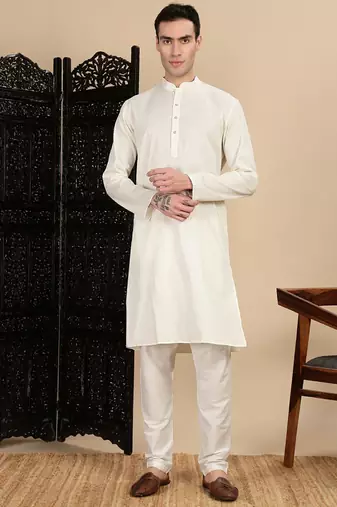 Cream cotton textured kurta pajama for mens