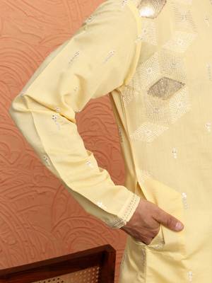 Mirror & thread embroidered cotton silk yellow kurta 4