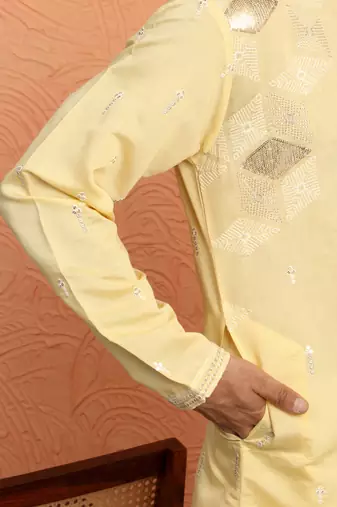 Mirror & thread embroidered cotton silk yellow kurta