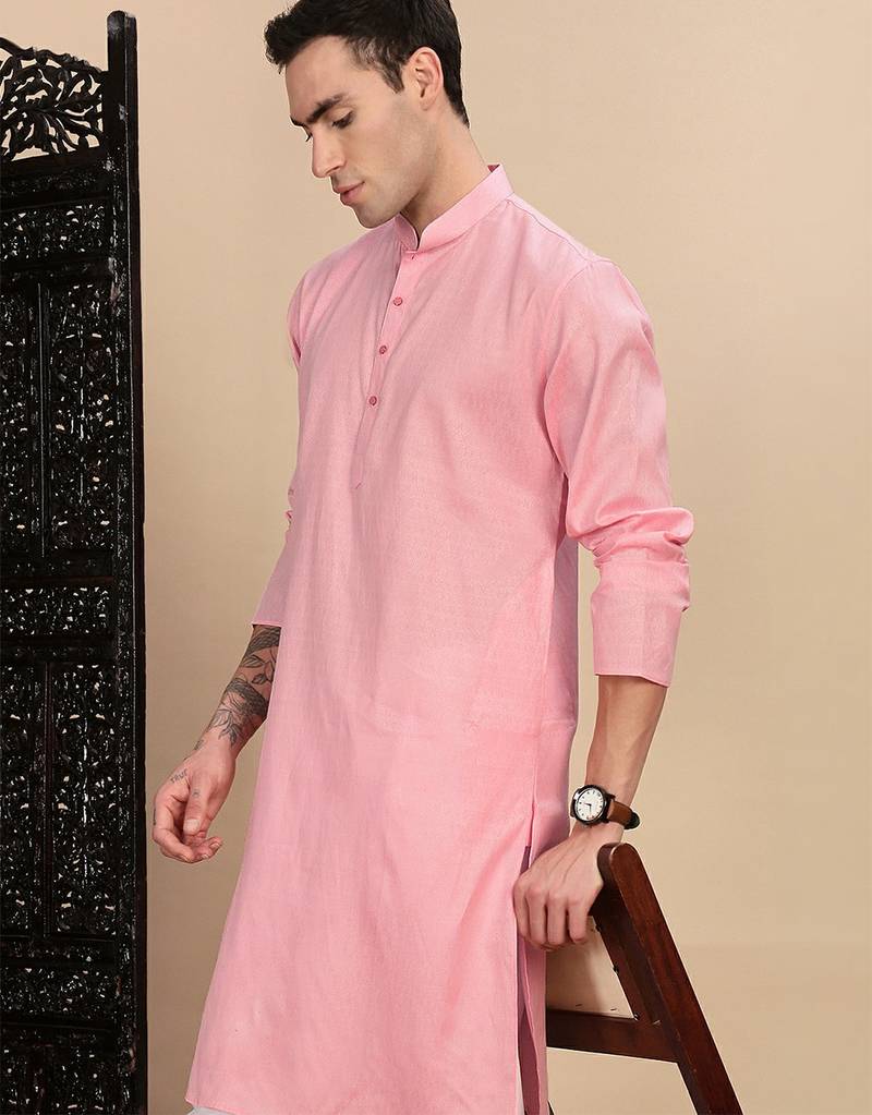 Light pink cotton textured kurta pajama for mens
